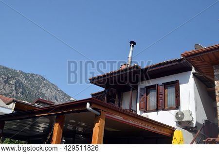 Architecture of the houses in Akyaka slow city in Turkey.August 1,2021. Mugla,Turkey