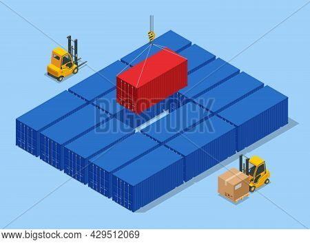 Isometric Automated Transport Vehicles Container Loading Cargo. Container Ship Loading And Unloading