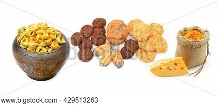 Ravioli, Pasta And Biscuits Isolated On White Background. Collage. Wide Photo.