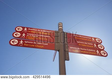 Seville, Spain - Sept 26th 2020:  Macarena Neighborhood Directions Signpost, Historic District Of Se