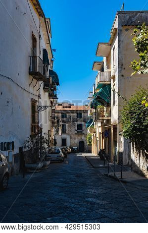 Sorrento, Italy - August 26 2020: Street View To Narrow Road Full Of Cars And Motorbikes