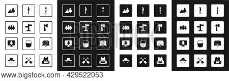 Set Marshmallow On Stick, Road Traffic Signpost, Forest, Mountains With Tree, Wooden Axe, Knife, Rv 