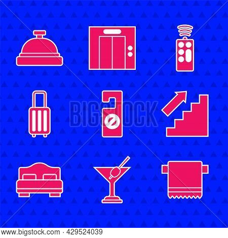 Set Please Do Not Disturb, Martini Glass, Towel On Hanger, Stairs Up, Hotel Room Bed, Suitcase, Remo