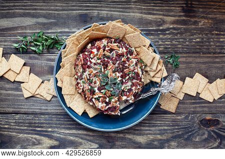 Top View Of Fresh Homemade Cranberry Cheese Spread Made With Cream Cheese, Cheddar, Dried Cranberrie