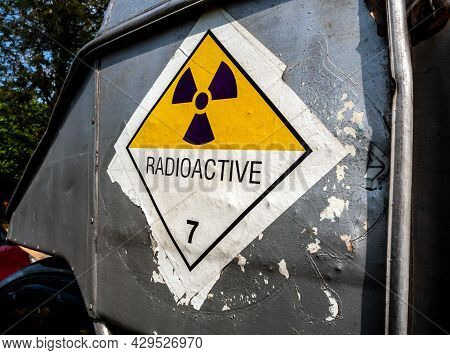Radiation Warning Sign On The Dangerous Goods Transport Label Class 7 At The Side Transport Truck