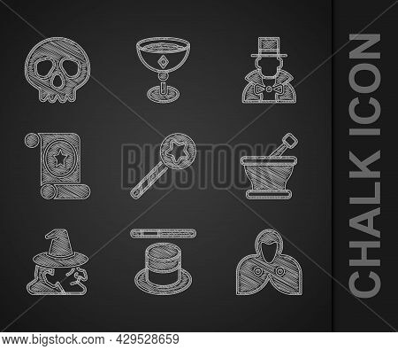 Set Magic Wand, Hat, Mantle, Cloak, Cape, Mortar Pestle, Witch, Scroll, Magician And Skull Icon. Vec