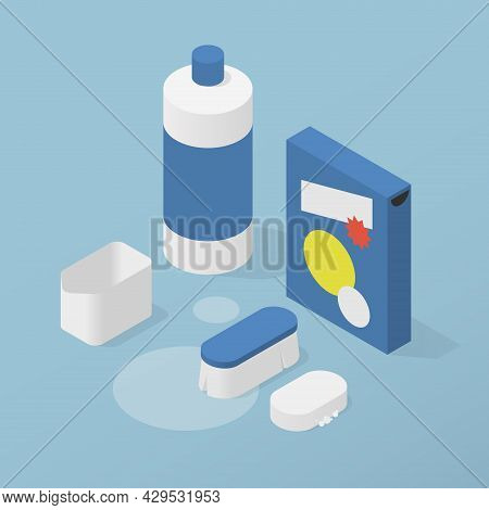 Vector Isometric Household Chemicals Illustration. Washing Detergent, Bottle Of Bleacher, Soap, Wet 