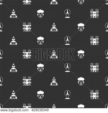 Set Eiffel Tower, Notre Dame De Paris, Museum Building And French Mime On Seamless Pattern. Vector