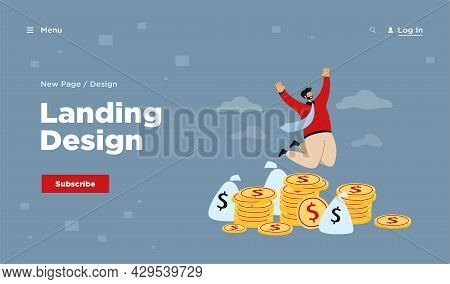 Happy Millionaire Jumping Near Pile Of Coins Flat Vector Illustration. Cartoon Businessman Or Banker
