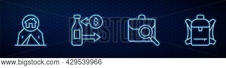 Set Line Work Search, Tourist Tent, Reception Of Glass Bottles And Hiking Backpack. Glowing Neon Ico