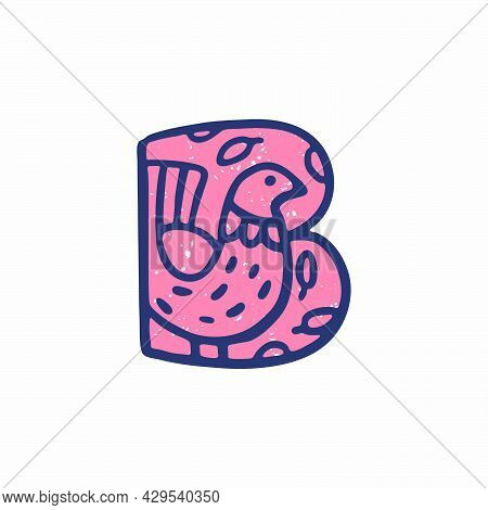 B Letter Logo With A Capercaillie In The Nordic Folk Art Style In The Background. Scandinavian Font 