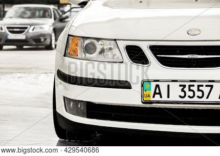 Chernigov, Ukraine - July 24, 2021: Saab Car At The Car Wash. White Saab 9-3