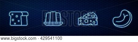 Set Line Cheese, Bread Toast, Jelly Cake And Steak Meat. Glowing Neon Icon On Brick Wall. Vector
