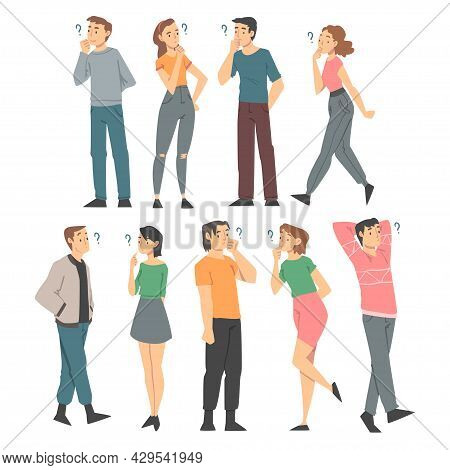 Thoughtful People Characters With Hands On Chin And Question Mark Thinking Over The Matter Vector Se