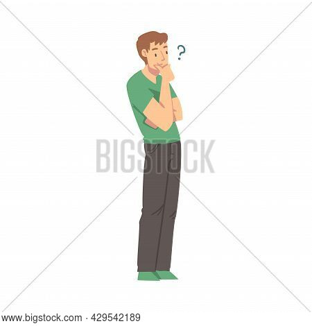 Thoughtful Man Character With Hand On Chin And Question Mark Thinking Over The Matter Vector Illustr