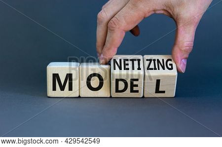 Monetizing Model Symbol. Businessman Turns Wooden Cubes And Changes The Word 'monetizing' To 'model'