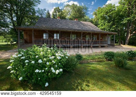 Kushlyany, Belarus,  June-10-2021: Wooden House - Place Of Birthplace Of Belarusian Poet Francis Bog