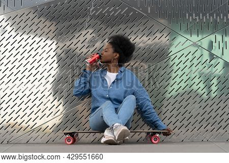 Tired African Skateboarder Girl Refreshing After Longboarding Sit On Skate Drinking Soda Beverage Fr