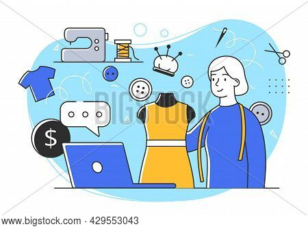 Young Cheerful Female Character Is Workin On A Clothing Piece As A Tailor In Studio To Sell Online. 