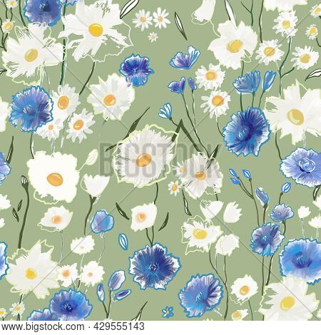 Cute Pattern With Small Blue And White Flowers On Light Green. Liberty Style. Drawn Floral Seamless 
