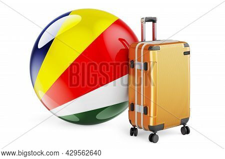 Suitcase With Seychelloise Flag. Seychelles Travel Concept, 3d Rendering Isolated On White Backgroun
