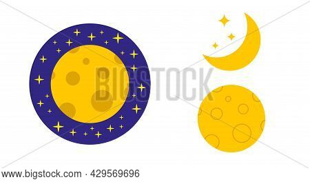 Moon Icon Set. Moon In Space, Crescent Moon With Stars. Moon In Craters. Flat Vector Illustration Is
