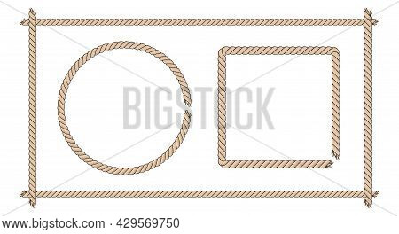 Square And Round Frames Made Of Thick Brown Rope. Rope Border Set. Flat Vector Illustration Isolated