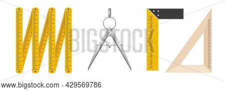 Measuring Tools. Folding Rule, Bow-compass Divider, Building Corner, School Wooden Corner. 3d Vector
