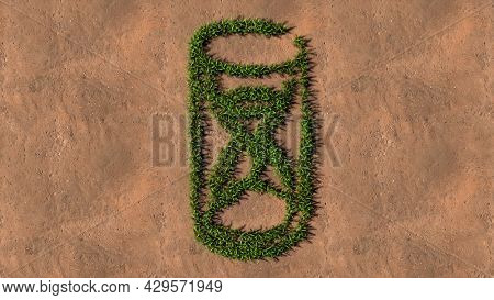 Concept conceptual green summer lawn grass symbol shape on brown soil or earth background, a hourglass sign. 3d illustration metaphor for time passing, countdown, deadline, transient and nature cycles