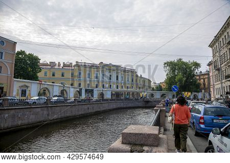 St. Petersburg, Russia - July 09, 2021: View Of The Griboyedov Canal, Banking Bridge And State Econo