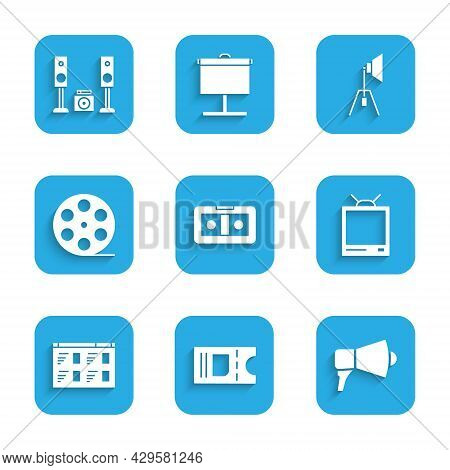 Set Vhs Video Cassette Tape, Cinema Ticket, Megaphone, Retro Tv, Online Play, Film Reel, Movie Spotl