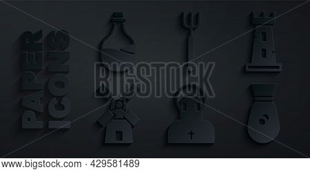 Set Monk, Castle Tower, Windmill, Old Money Bag, Garden Pitchfork And Bottle Of Wine Icon. Vector