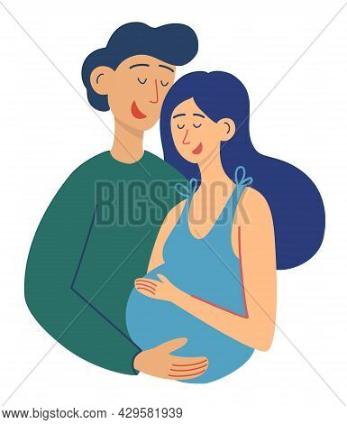 Man Hugs His Pregnant Wife. Family Concept. The Husband Embraces His Wife Expecting A Baby. Partner 
