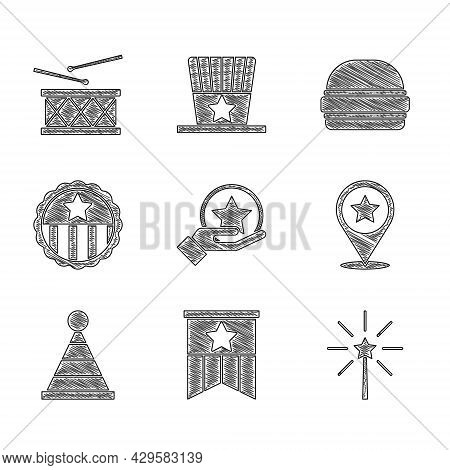 Set Usa Independence Day, American Flag, Firework, Party Hat, Medal With Star, Burger And Drum And D