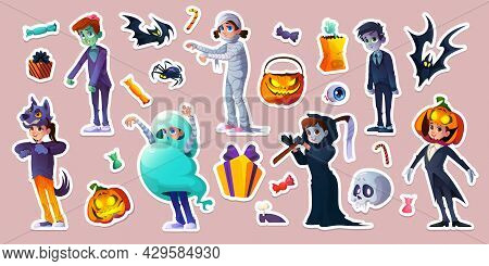 Halloween Stickers With People In Scary Costumes Of Ghost, Zombie, Mummy And Werewolf. Vector Cartoo