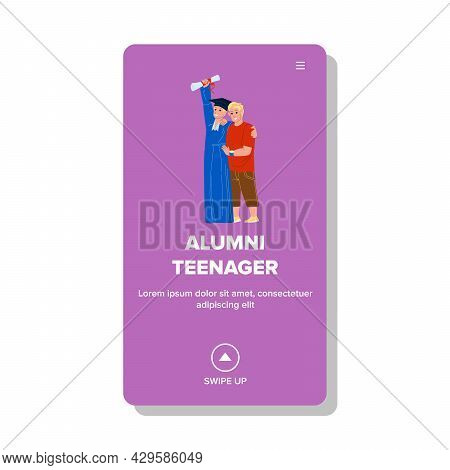 Alumni Teenager Boy Celebrate Graduation Vector. Alumni Teenager Holding Diploma Standing With Frien