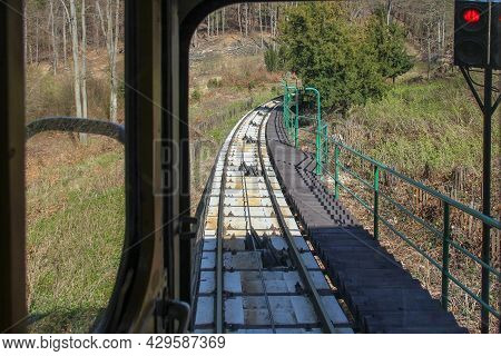 Karlovy Vary, Czech - April 26, 2012: This Is The View From The Cabin Of Funicular To The Diana Funi