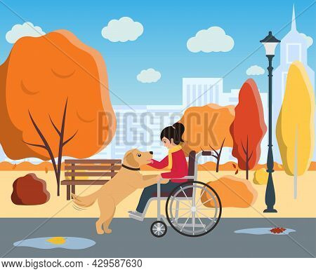 Girl In Wheelchair Plays Witn Her Dog. Companion Dog Supports Disabled Child. Zootherapy And Kindnes
