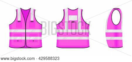 Safety Reflective Vest Icon Sign Flat Style Design Vector Illustration Set. Pink Fluorescent Securit