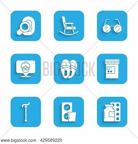 Set Slippers, Pills In Blister Pack, Medicine Bottle And Pills, Walking Stick Cane, Nursing Home, Ey