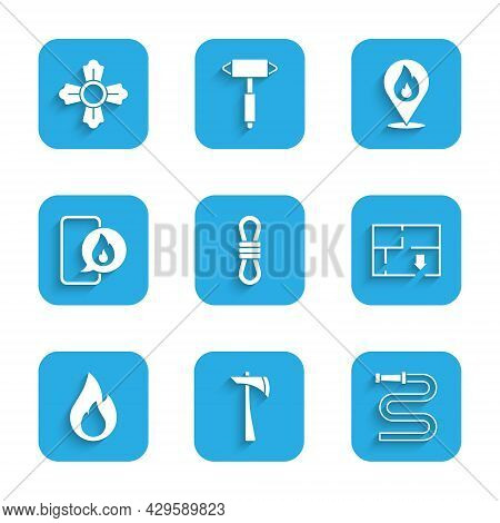 Set Climber Rope, Firefighter Axe, Hose Reel, Evacuation Plan, Flame, Phone With Emergency Call 911,