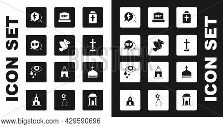 Set Funeral Urn, Dove, Speech Bubble Rip Death, Grave With Cross, Tombstone Rip Written, Church Towe