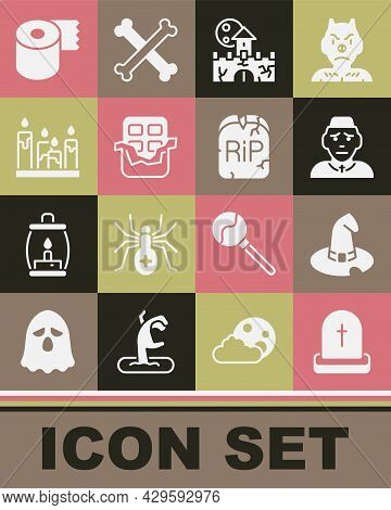 Set Tombstone With Rip Written, Witch Hat, Priest, Castle, Fortress, Chocolate Bar, Burning Candle, 