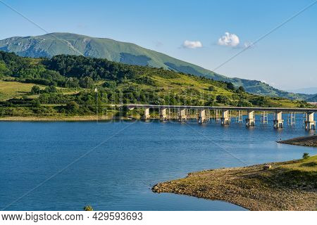 Lake Of Campotosto In Abruzzo, Italy. A Huge Artificial Lake At 1400 Meters Above Sea Level, In The 