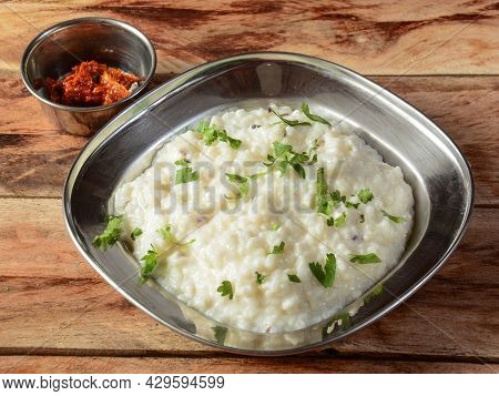 Vegetarian Meal, Tasty Curd Rice Or Dahi Bhat Or Dahi Chawal With Pickle. Rice Mixed With Yogurt And