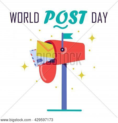 Cute Vector Illustration For Celebrating World Post Day. Letters, Envelope, Postcard Inside A Red Po