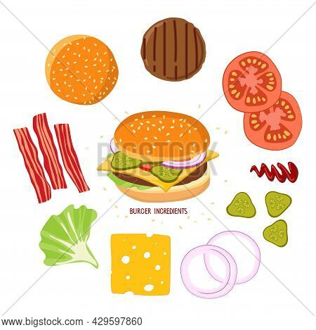 Burger And Burger Ingredients Isolated On White. Hamburger Creation Product Kit. Chopped Vegetables,