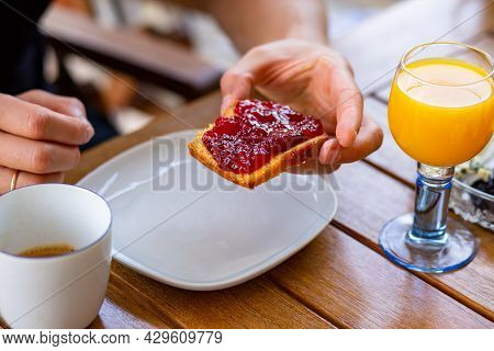 Orange juice for breakfast. Cupcake with jam. Baking with jam. Toast with jam. Orange. Fresh for bre
