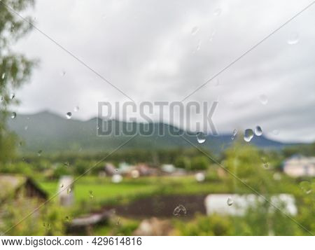 Blur Mountain Background. Green Color. Fantastic View. Near Forest. Rain Day. Mountain Hills. Countr