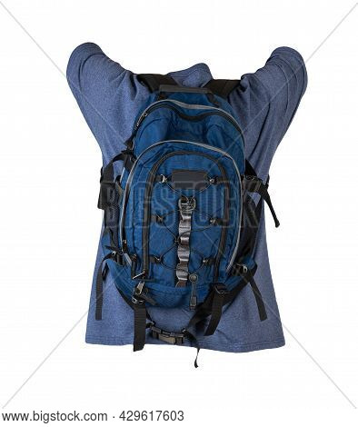 Dark Blue Backpack Dressed For Navy T-shirt Isolated On A White Background.